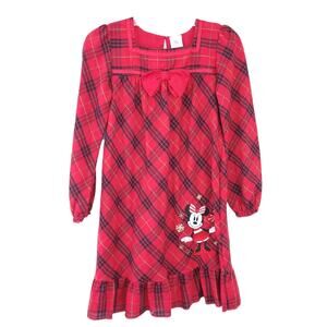 Disney Flannel Pajama Nightgown Sz 9/10 Girl Red Black Plaid Minnie Mouse Japan